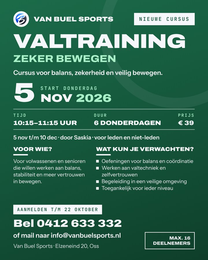 Poster: cursus Valtraining, start donderdag 5 november 2026, 10:15 tot 11:15 uur, 6 weken, 39 euro